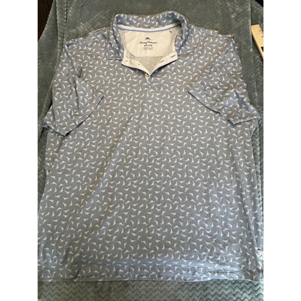 Tommy Bahama Mens XXL Shark Print Polo Blue White Short Sleeve Cotton Blend